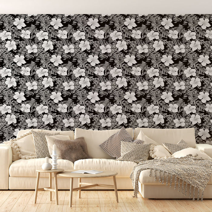 Mural Wallpaper black and white floral | Hibiscus and tropical foliage pattern