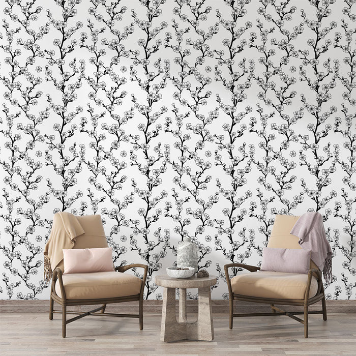 Tapeta květinová černá a bílá | Jemný motiv kvetoucí větve