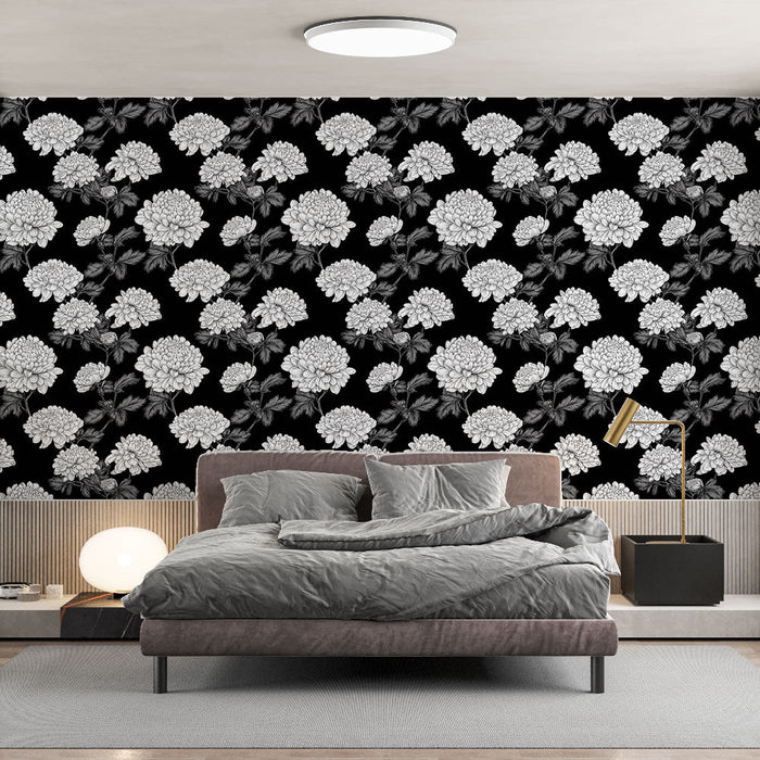 Tapeta květinová černá a bílá | Jemný vzor chryzantémy na černém pozadí