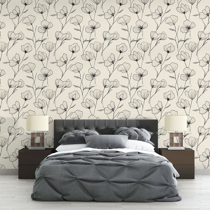 Tapete floral μαύρο και λευκό | Σχέδιο λουλουδιών με όμορφο μπεζ φόντο