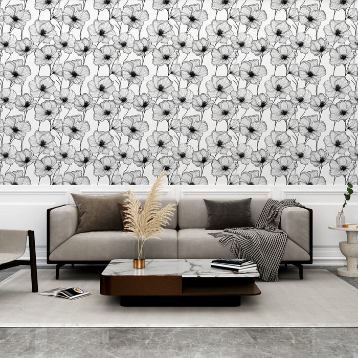 Papel pintado floral en blanco y negro | Patrón de flores dibujadas