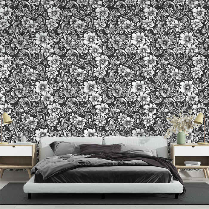 Fototapet cvjetni crno-bijeli | Uzorak elegantnih cvjetova i vitica