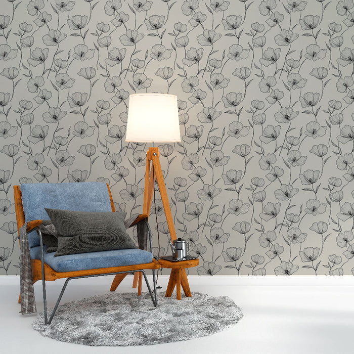 Papel de parede floral preto e branco | Padrão de flores em fundo creme