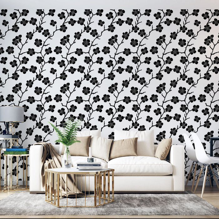 Tapeta kwiatowa czarno-biała | Delikatny wzór kwiatów i gałęzi na białym tle