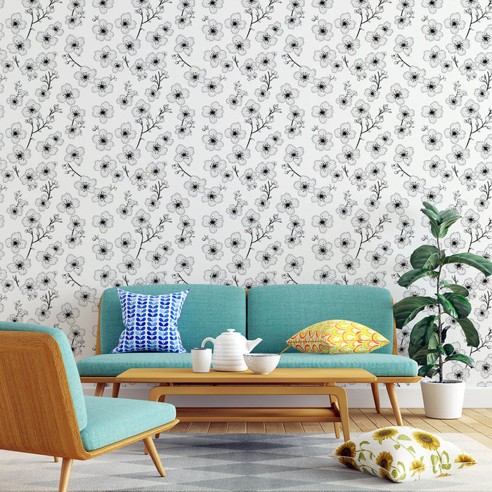 Tapeta floralna czarno-biała | Delikatny wzór stylizowanych kwiatów na jasnym tle