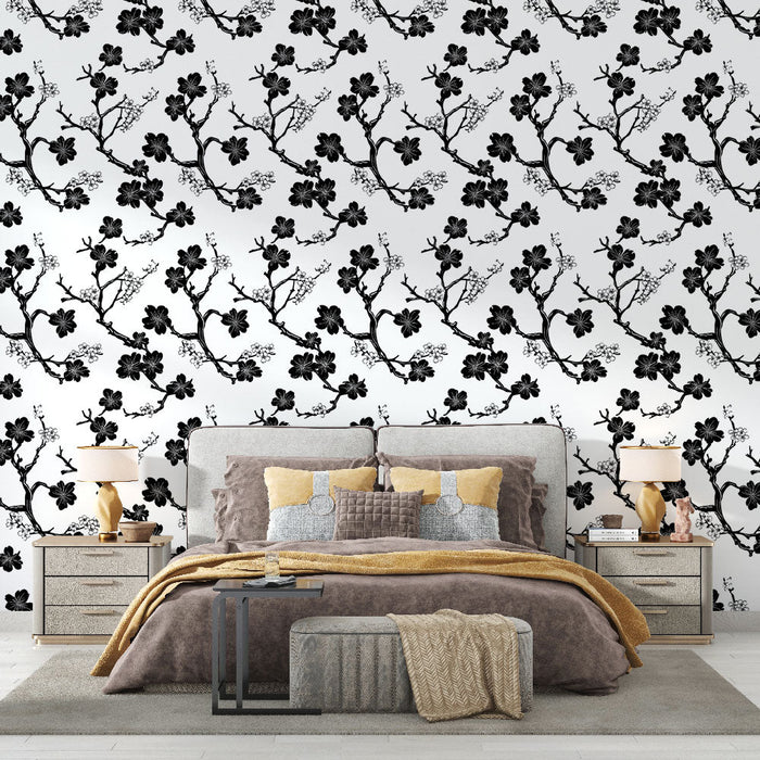 Tapeta kwiatowa czarno-biała | Elegancki wzór kwiatowych gałęzi na białym tle