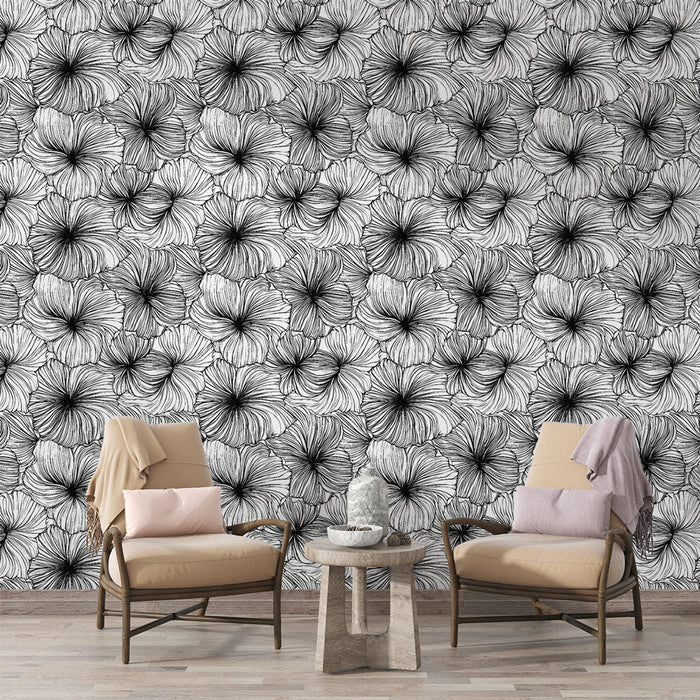Fototapet blomst sort og hvid | Elegant mønster af blomster i rene linjer