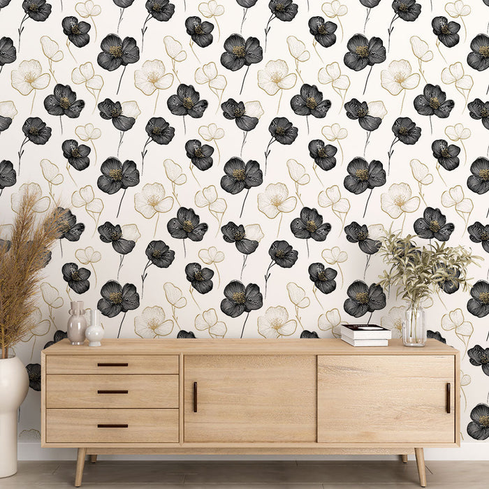 Schwarz-weiße Blumentapete | Elegante Blumenmuster mit goldenen Akzenten