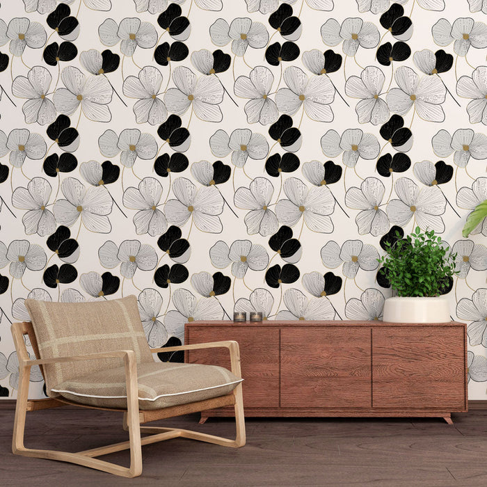 Fototapet cvjetni crno-bijeli | Cvjetni uzorci u monokromatskom stilu s dodirima zlata