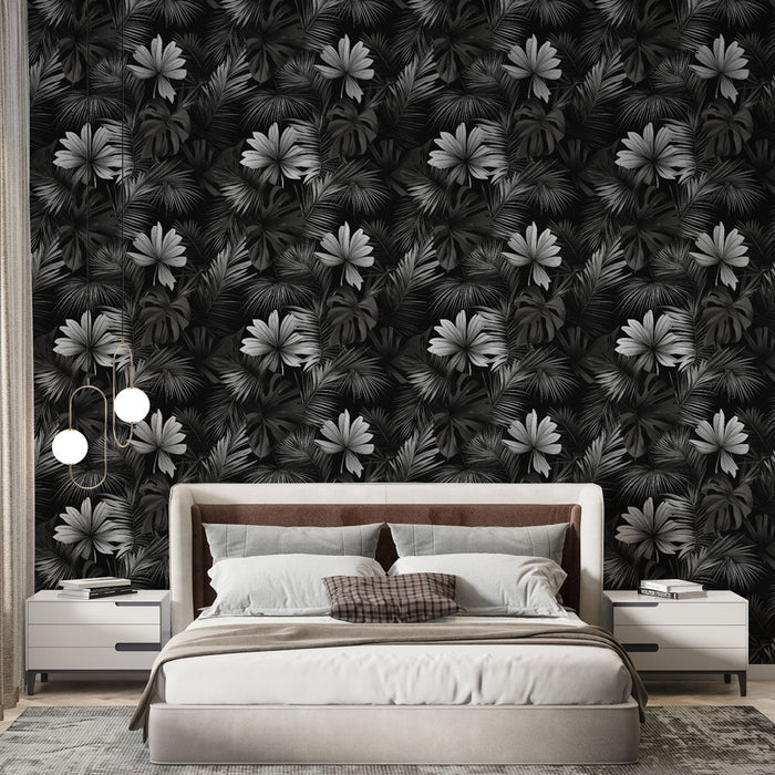 Mural Wallpaper floral black and white | Flower and lush foliage patterns on a dark background