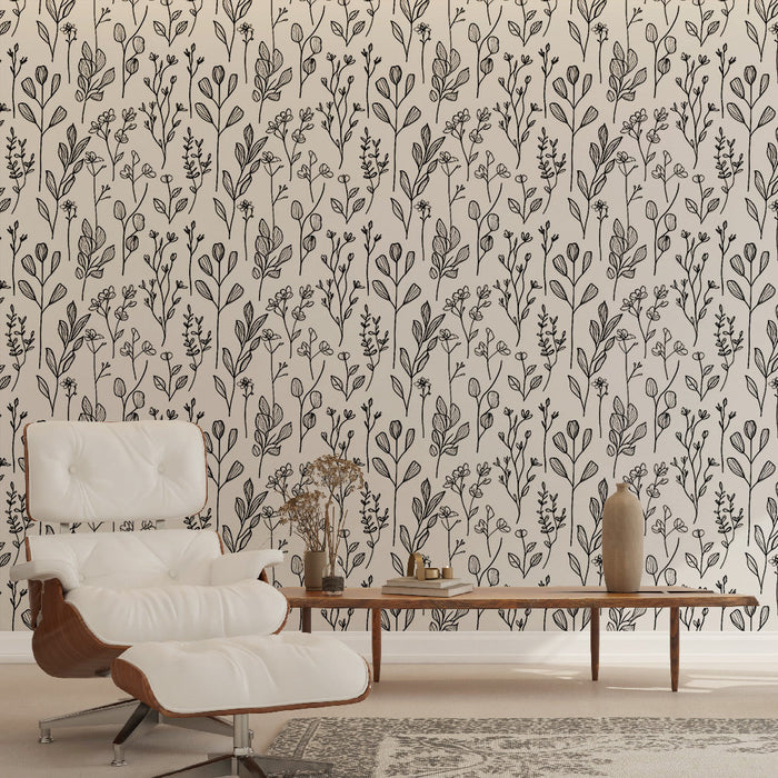 Tapeta floralna czarno-biała | Ręcznie rysowane wzory kwiatów i liści