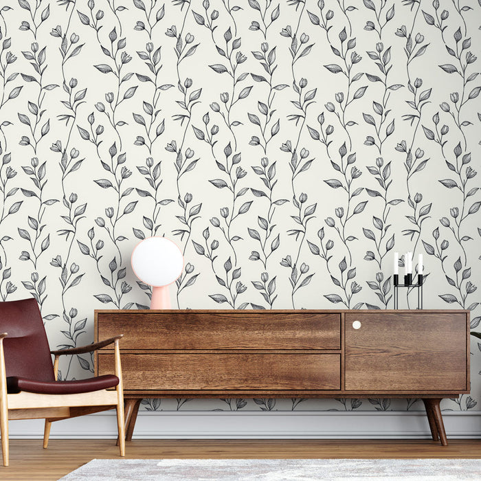 Papel de parede floral preto e branco | Padrões delicados de flores e folhas em um fundo claro