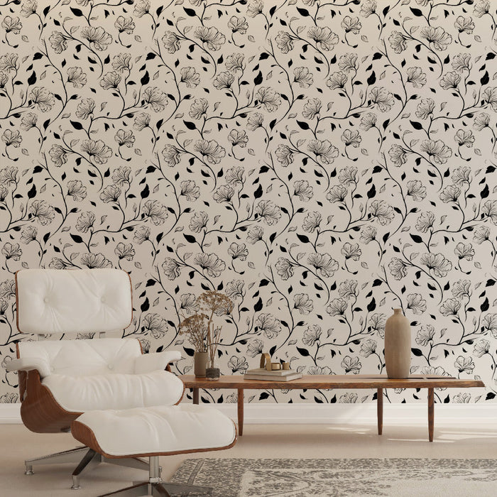 Carta da parati murale in bianco e nero floreale | Eleganti motivi di fiori e foglie