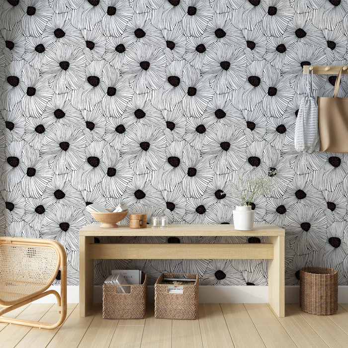 Fototapete floral schwarz und weiß | Lineare florale Muster mit dunklen Zentren