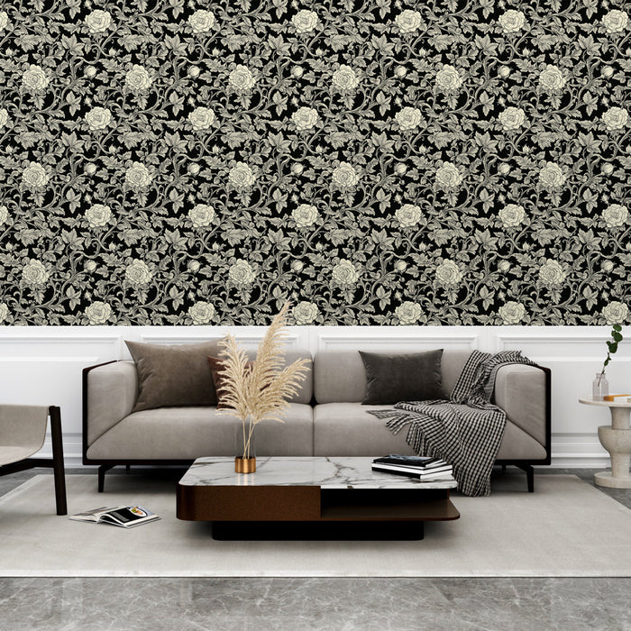 Fototapet blomst sort og hvid | Broderede roser på en sort baggrund for et strejf af elegance