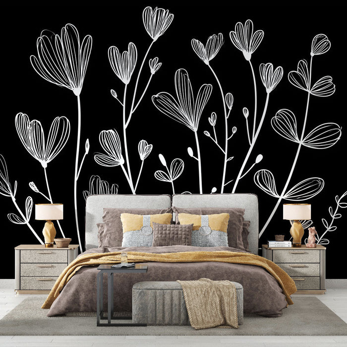 Tapeta květinová černá a bílá | Jemné siluety květin na černém pozadí