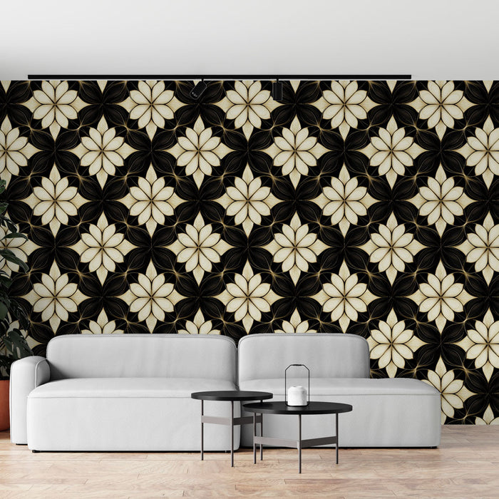 Fototapet blomst sort og fløde | Stiliseret blomstermønster på en mørk baggrund