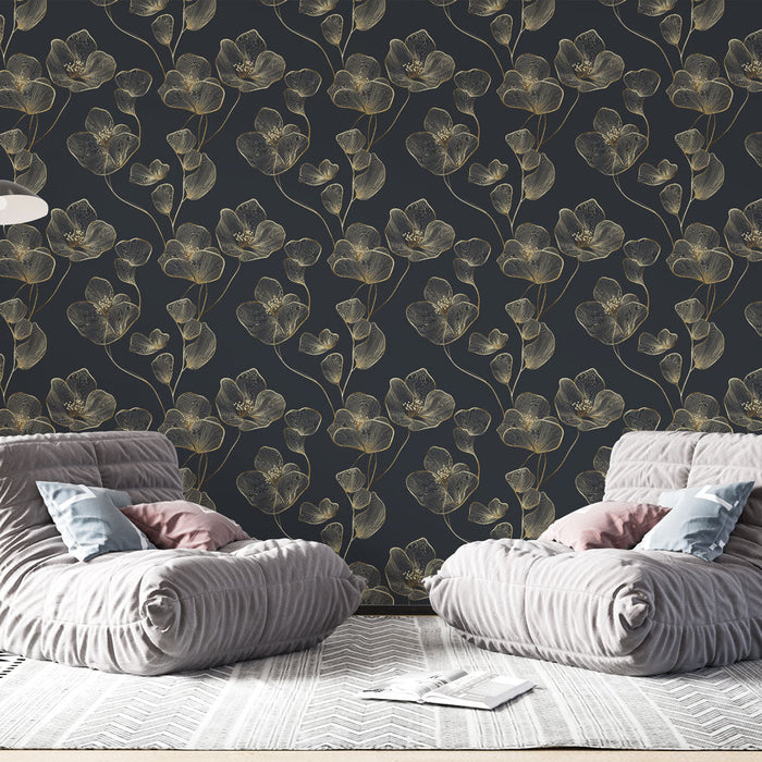 Fototapete çiçekli siyah ve altın | Siyah zemin üzerinde zarif çiçekler