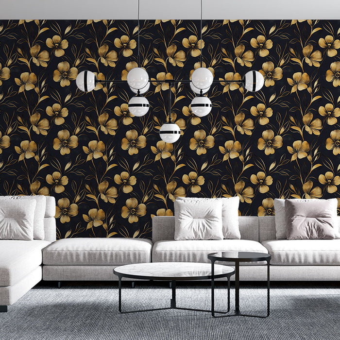 Fototapet siyah ve altın çiçek deseni | Siyah zemin üzerinde altın çiçek motifli