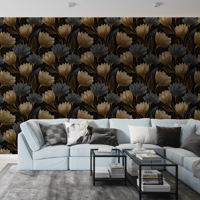 Black and Gold Floral Mural Wallpaper | Elegant Flower Pattern on Dark Background