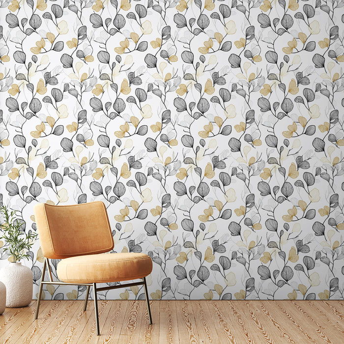 Foto Behang bloemen zwart en goud | Delicate bladpatronen op een witte achtergrond