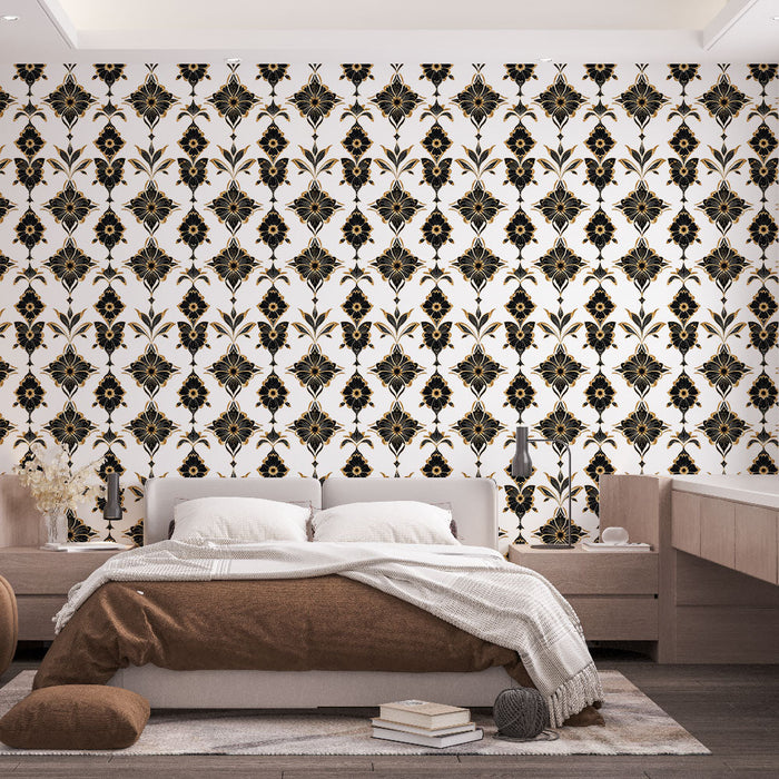 Mural Wallpaper floral black and gold | Elegant patterns on a white background