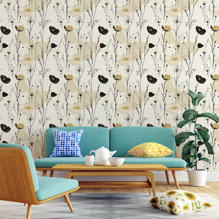 Cvetlični črno rumeni Tapete | Umetniški cvetlični motiv na kremnem ozadju