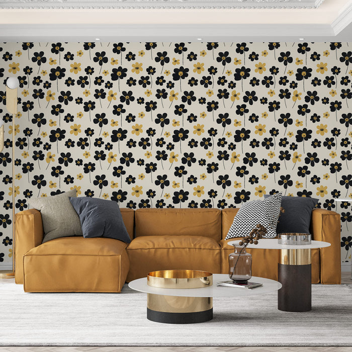 Tapete floral noir et jaune | Motif de fleurs stylisées sur fond clair