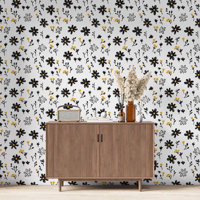 Fekete és sárga virágos tapéta | Finom virágminták fehér háttéren