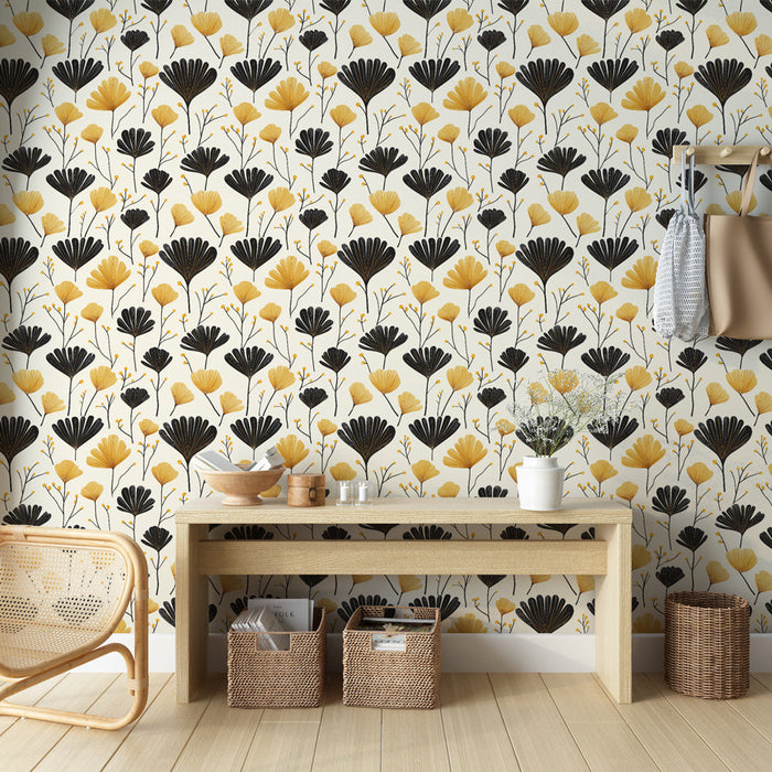 Fototapet blomster sort og gul | Et elegant mønster af sorte og gule blomster på en lys baggrund