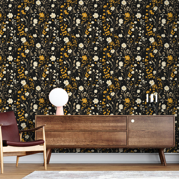 Tapeta květinová černá a zlatá | Design bílých a žlutých květů na černém pozadí