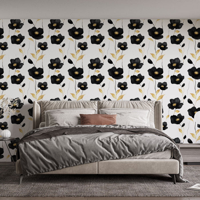 Tapeta květinová černá a zlatá | Elegantní vzory černých květin na bílém pozadí