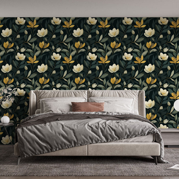 Must ja kuldne lilleline tapeet | Valged lilled ja stiliseeritud lehestik