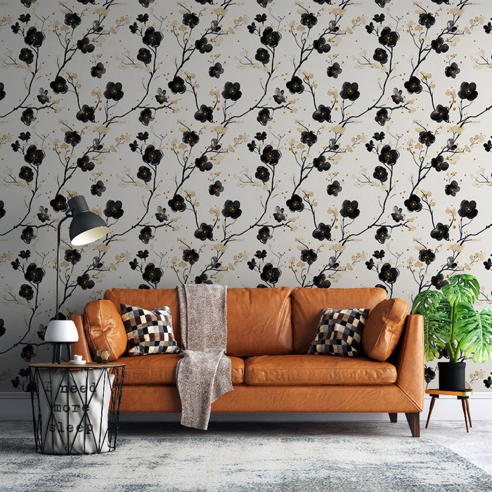 Fototapete floral schwarz und gold | Schwarze Blumenmuster auf cremigem Hintergrund