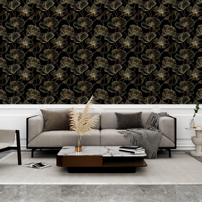 Fototapeet lilleline must ja kuldne | Elegantne käsitsi joonistatud lillede muster