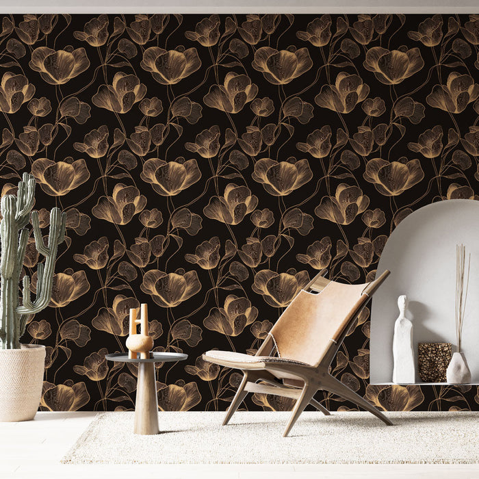 Fototapeet lilleline must ja kuld | Elegantne kuldsete lillede muster mustal taustal