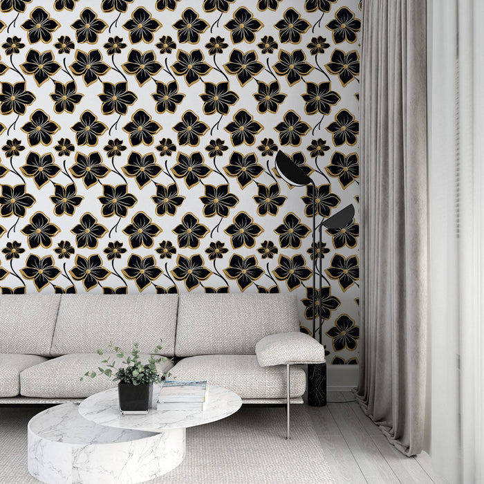 Foto Behang bloemen zwart en goud | Elegant patroon van gestileerde bloemen op een witte achtergrond