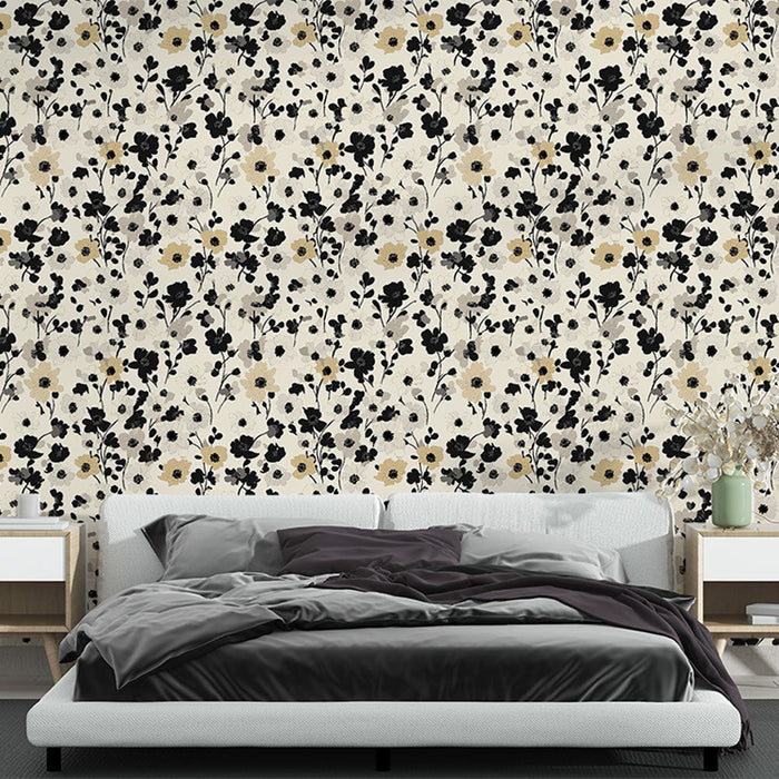 Papel de parede floral preto e dourado | Padrão de flores elegante em um fundo creme