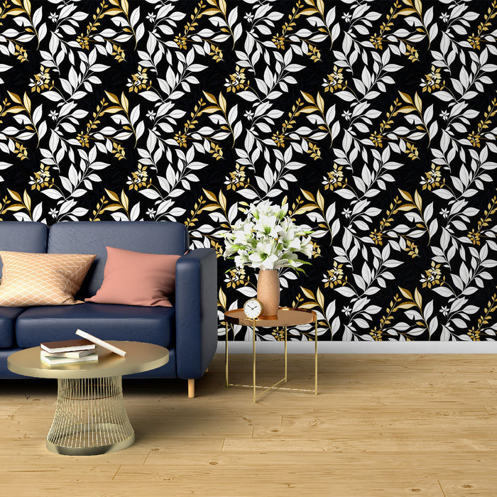 Ταπετσαρία τοιχωμάτων με λουλούδια μαύρα και χρυσά | Σχέδια φύλλων και λουλουδιών σε λευκό, χρυσό και μαύρο