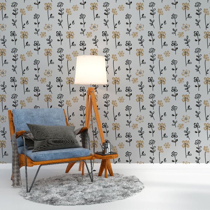 Tapeta květinová černá a zlatá | Jemné květinové motivy na bílém pozadí