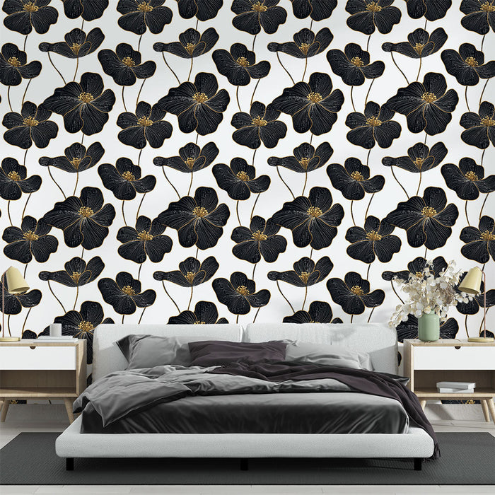 Czarno-złota tapeta kwiatowa | Eleganckie wzory kwiatowe na białym tle