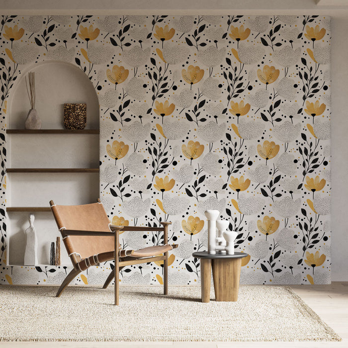 Foto Behang bloemen zwart en goud | Gestileerde patronen van bloemen en bladeren