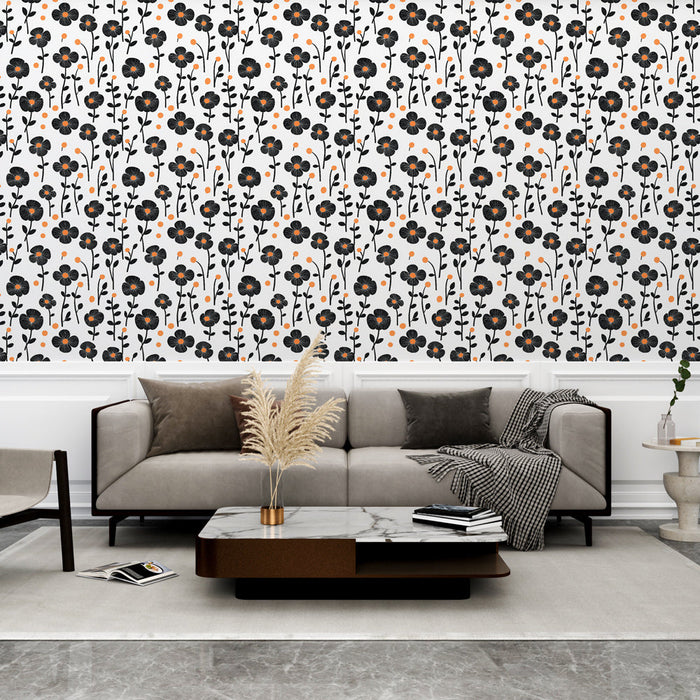 Tapete floral μαύρο και πορτοκαλί | Στιλιζαρισμένο μοτίβο λουλουδιών σε λευκό φόντο