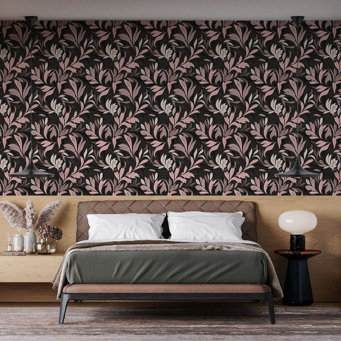 Mural Wallpaper floral black and pink | Delicate leaf pattern on dark background