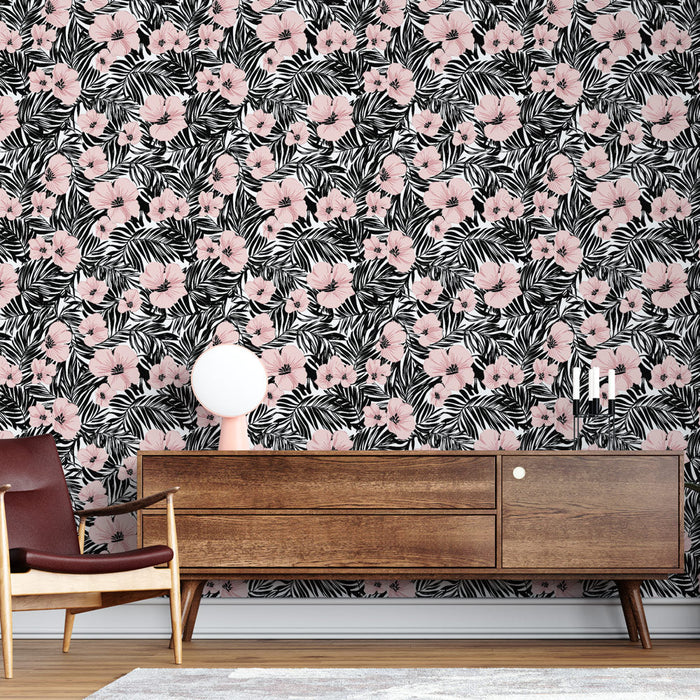 Mural Wallpaper floral black and pink | Motif of pink flowers on a dark background with lush foliage