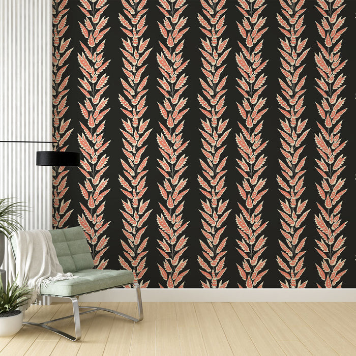 Mural Wallpaper floral black and pink | Delicate leaf patterns on a black background
