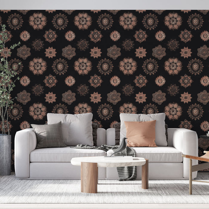 Mural Wallpaper floral black and pink | Delicate floral patterns on a dark background