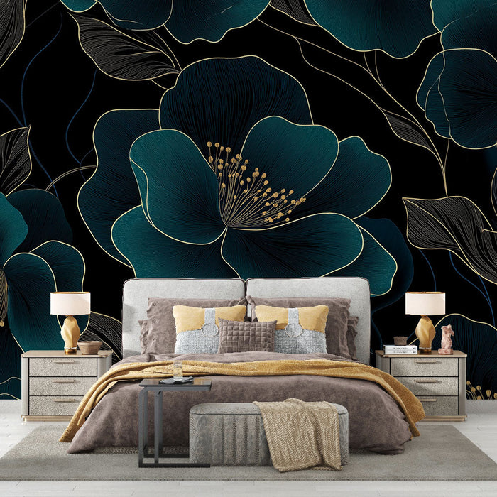 Tapete schwarz und türkis floral | Elegante Blumen auf schwarzem Hintergrund