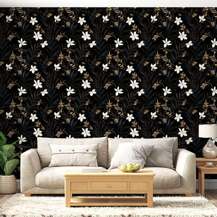 Foto Behang bloemen zwart | Witte bloemen en gouden bladeren op een zwarte achtergrond