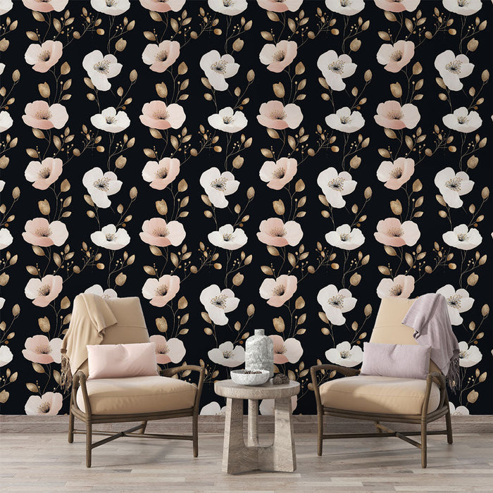 Tapete цветен флорален | Деликатни цветя в розово и бяло върху черен фон